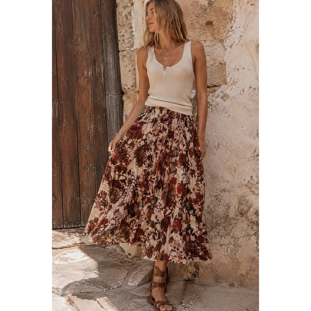 HM Floral Pleated Maxi Skirt Burgundy Gold Metallic Stripe Smal